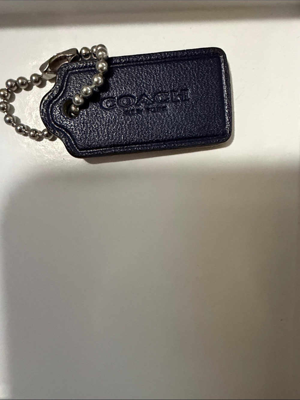 Coach NWOT navy Leather Tag Keychain with Silver Ball Chain 1.25